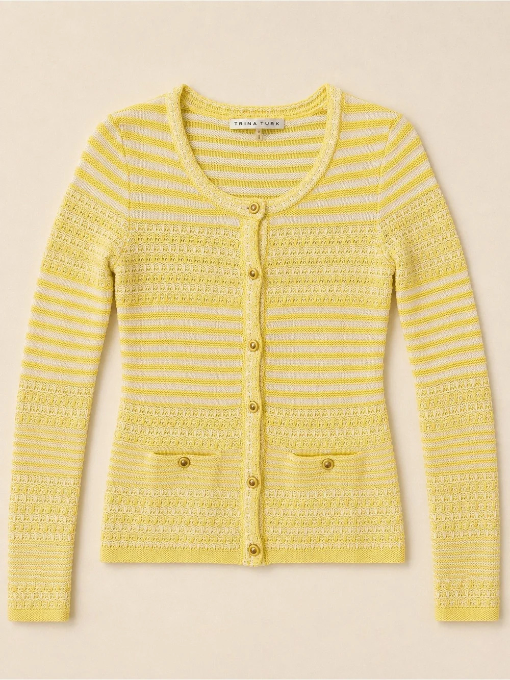 Trina Turk Yellow White Striped Cotton Knit Button-Front Cardigan Sweater Sz S